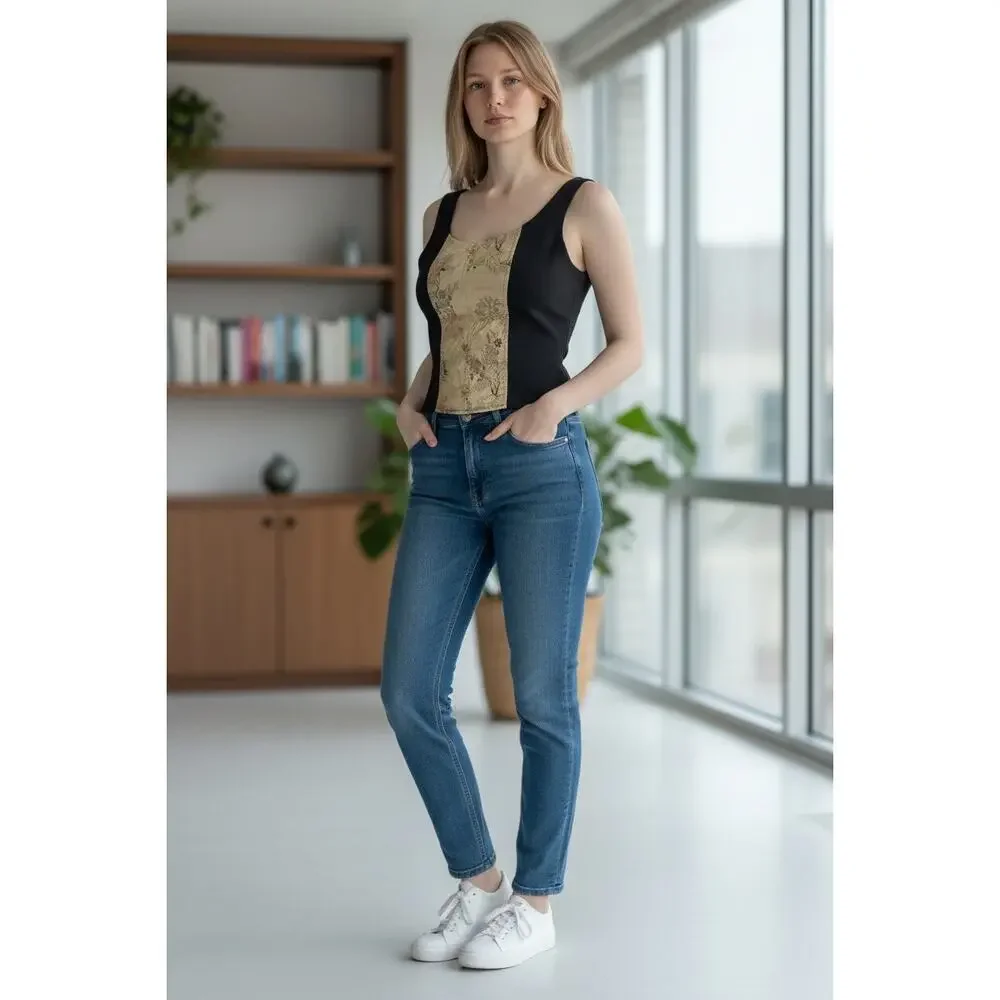 Black & Gold Satin-Front Crop Tank Top